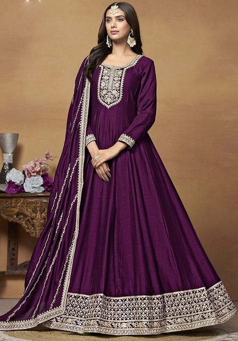 Wine Embroidered Silk Anarkali Gown Set