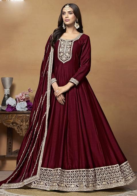 Maroon Embroidered Silk Anarkali Gown Set