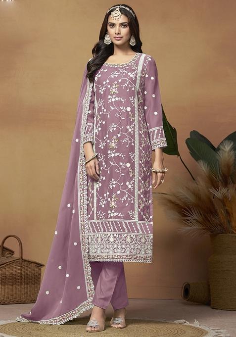 Onion Pink Embroidered Organza Kurta Set