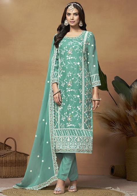 Green Embroidered Organza Kurta Set