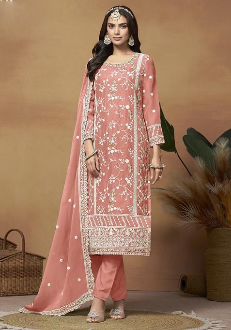 Peach Embroidered Organza Kurta Set