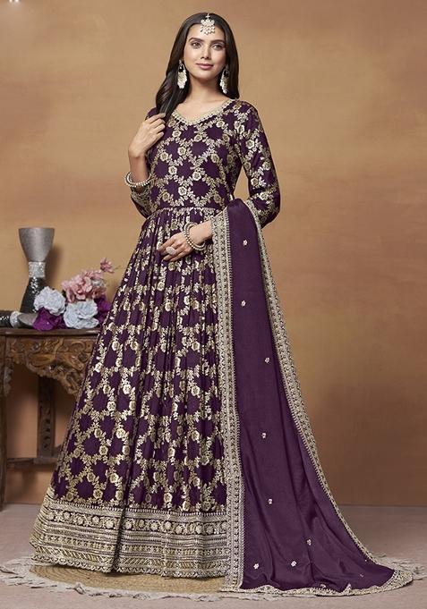 Wine Embroidered Silk Anarkali Gown Set