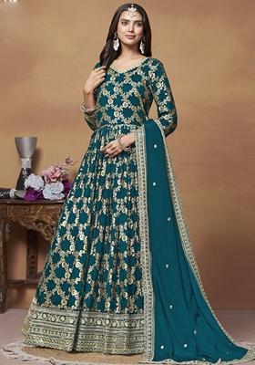 Teal Embroidered Silk Anarkali Gown Set