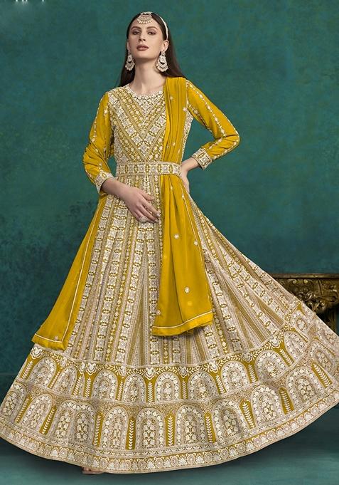 Yellow Embroidered Georgette Anarkali Gown Set