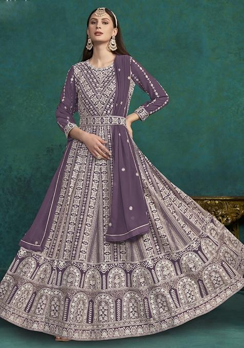 Violet Embroidered Georgette Anarkali Gown Set