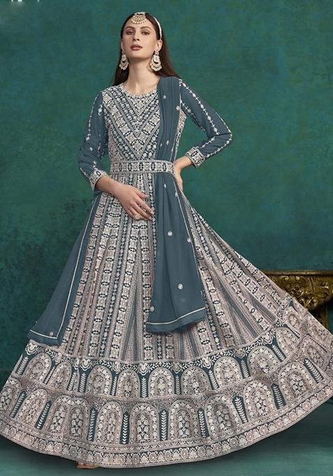 Grey Embroidered Georgette Anarkali Gown Set