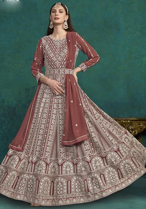 Brown Embroidered Georgette Anarkali Gown Set