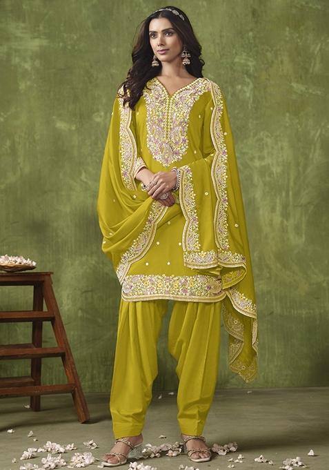 Yellow Embroidered Silk Kurta Set