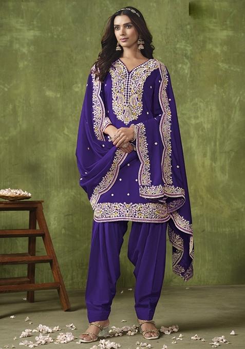 Purple Embroidered Silk Kurta Set