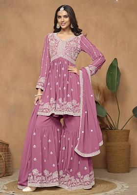 Pink Embroidered Georgette Kurta Set