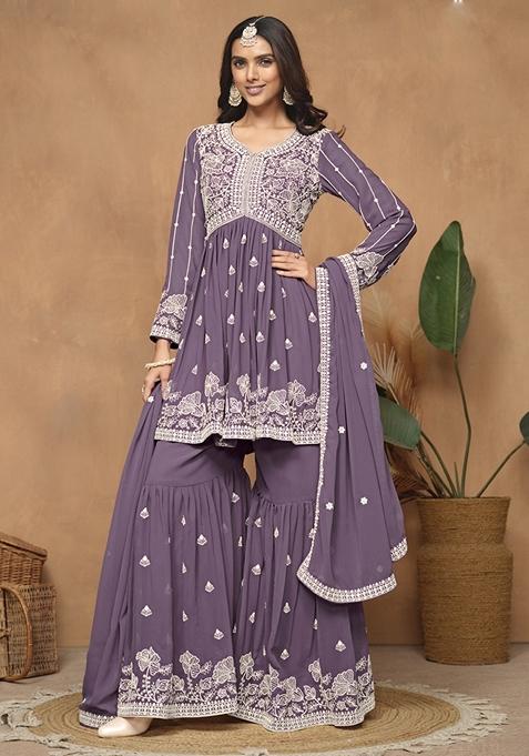 Purple Embroidered Georgette Kurta Set