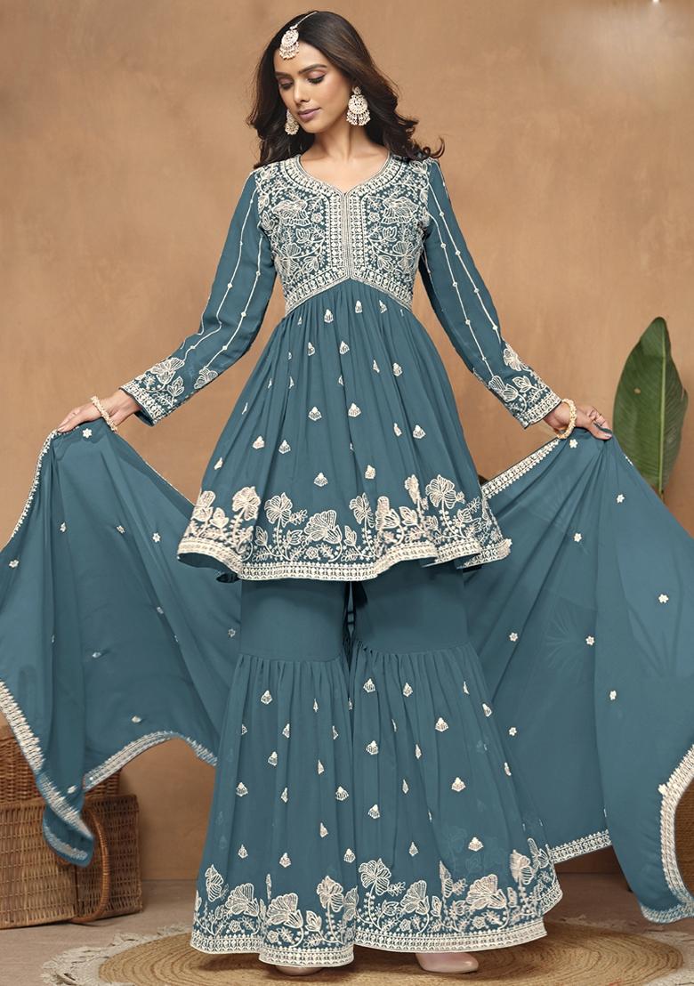 Grey Embroidered Georgette Kurta Set