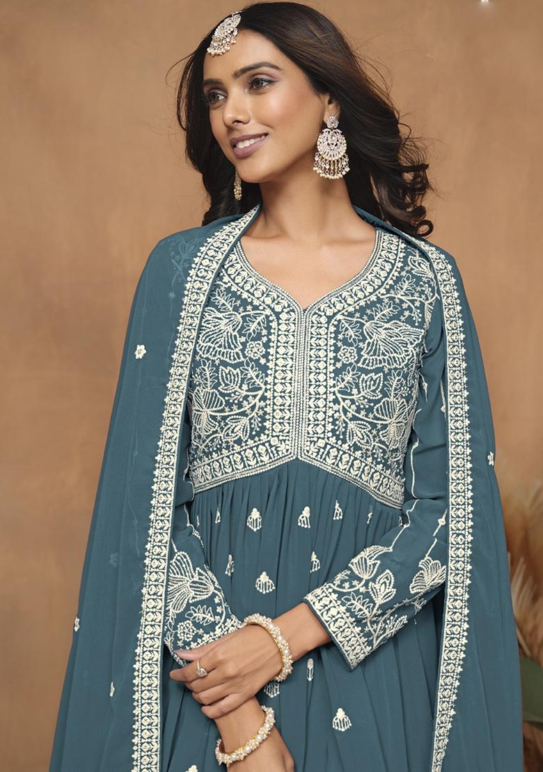 Grey Embroidered Georgette Kurta Set
