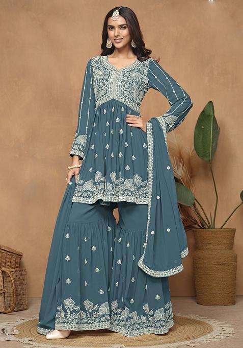 Grey Embroidered Georgette Kurta Set