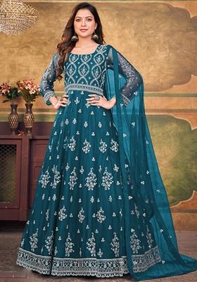 Aqua Blue Embroidered Net Anarkali Gown Set