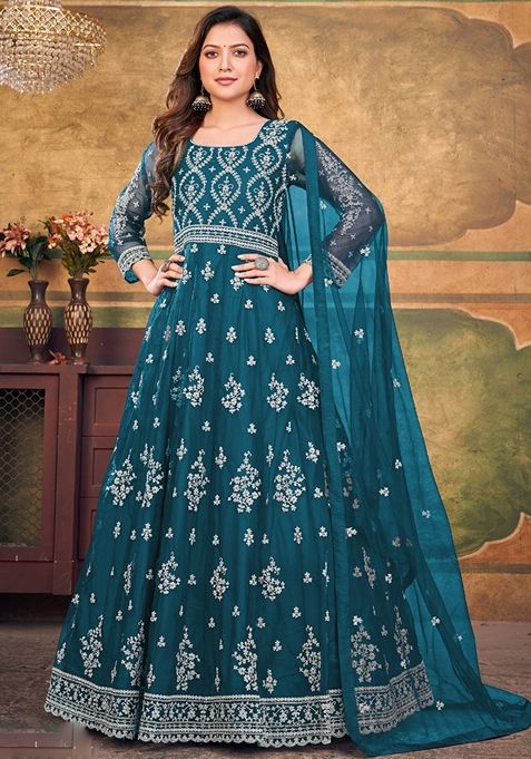 Aqua Blue Embroidered Net Anarkali Gown Set