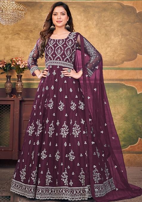 Wine Embroidered Net Anarkali Gown Set