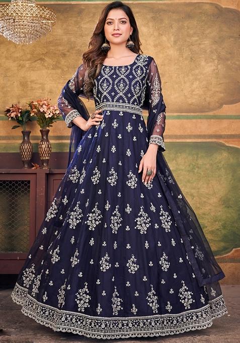 Navy Blue Embroidered Net Anarkali Gown Set