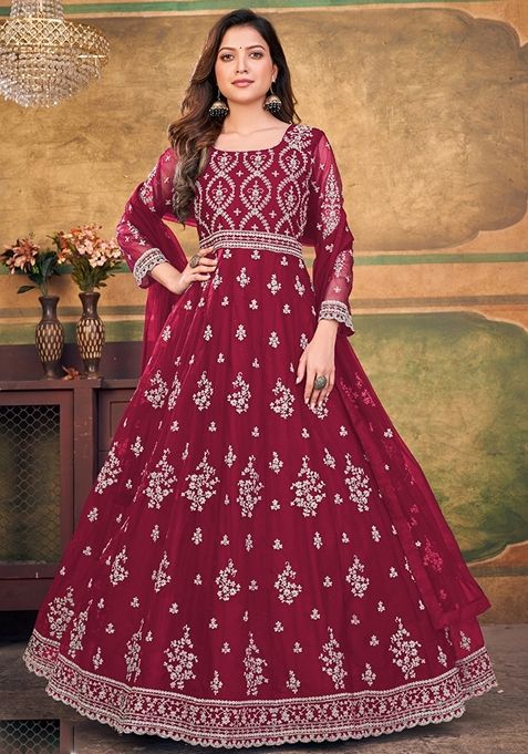 Rani Pink Embroidered Net Anarkali Gown Set