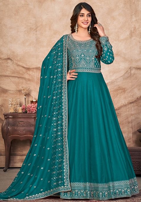 Turquoise Embroidered Silk Anarkali Gown Set