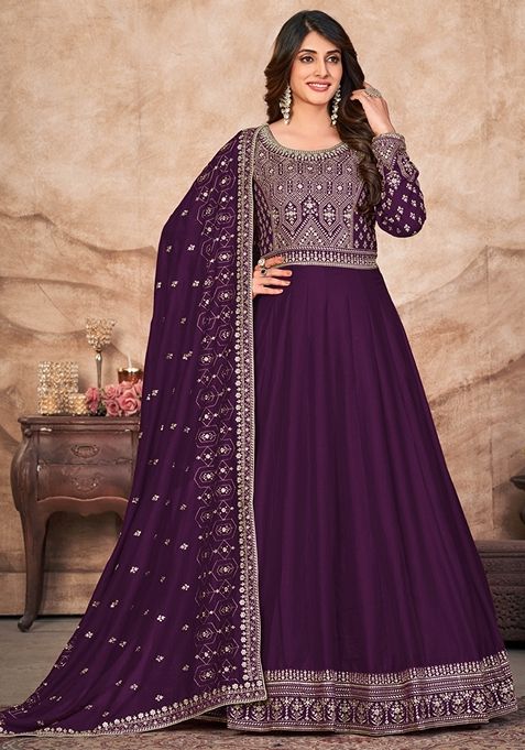 Purple Embroidered Silk Anarkali Gown Set