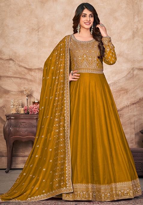 Mustard Embroidered Silk Anarkali Gown Set