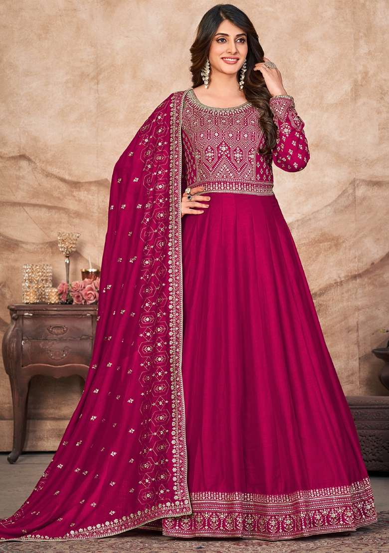 Rani Pink Embroidered Silk Blend Anarkali Gown Set - Indya