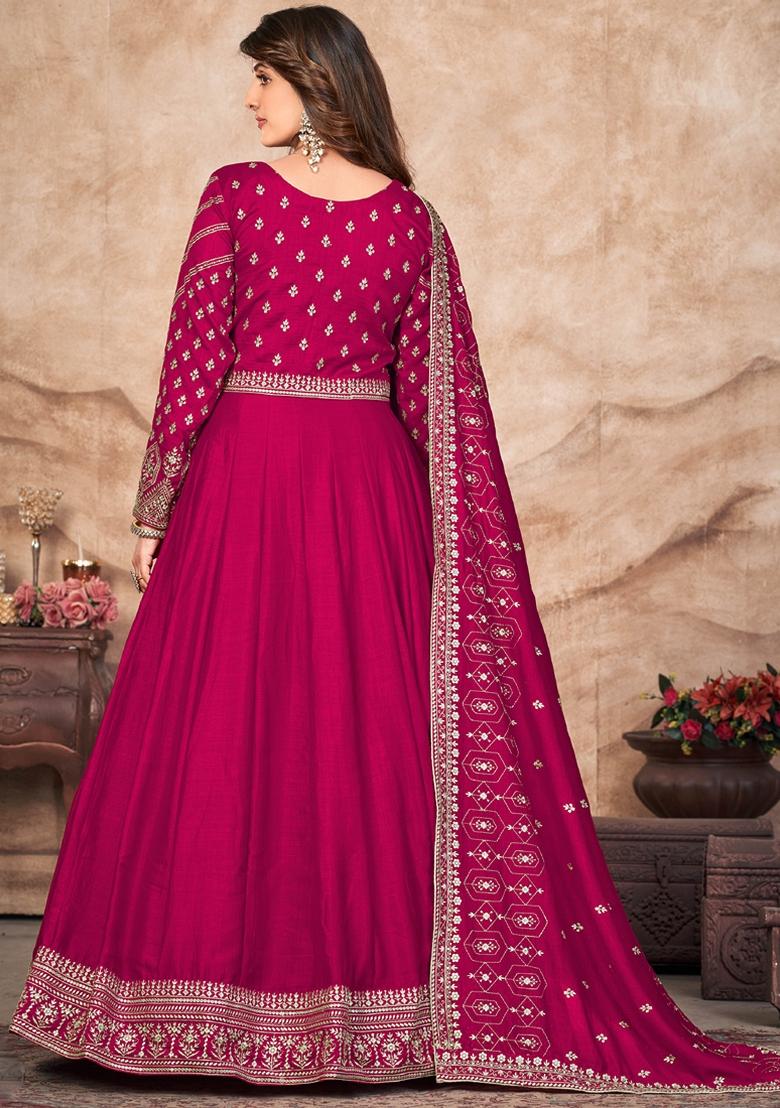 Rani Pink Embroidered Silk Anarkali Gown Set