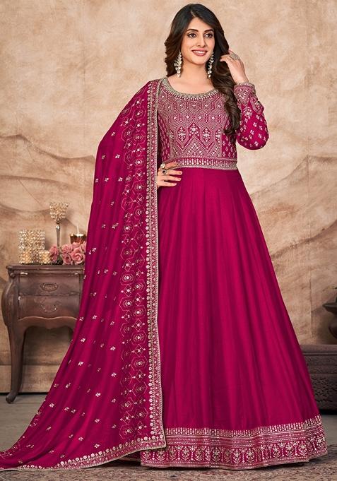 Rani Pink Embroidered Silk Anarkali Gown Set