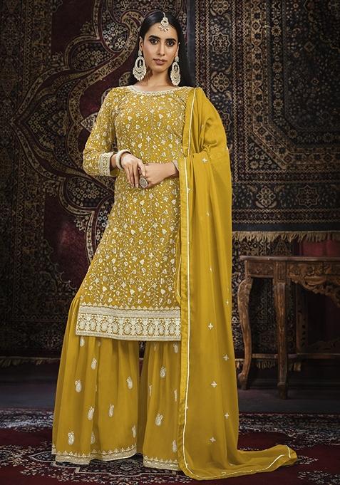 Yellow Embroidered Georgette Kurta Set