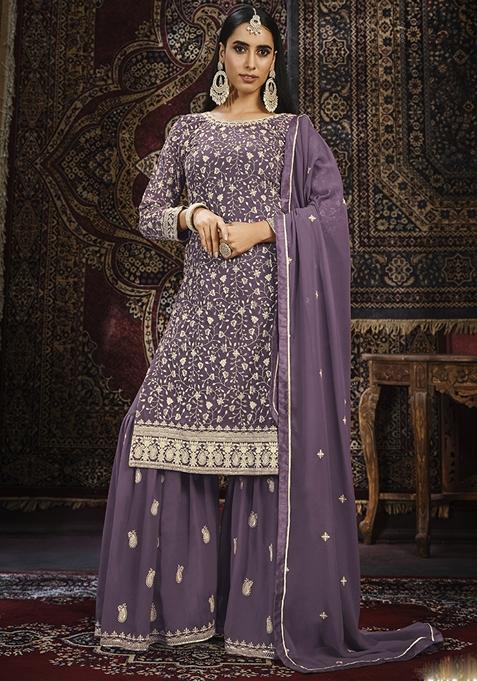 Purple Embroidered Georgette Kurta Set