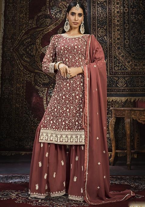 Brown Embroidered Georgette Kurta Set