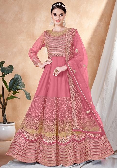 Peach Embroidered Net Anarkali Gown Set