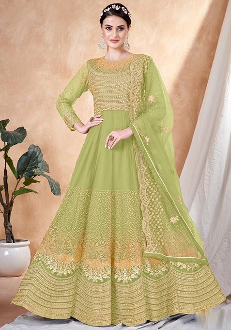 Green Embroidered Net Anarkali Gown Set