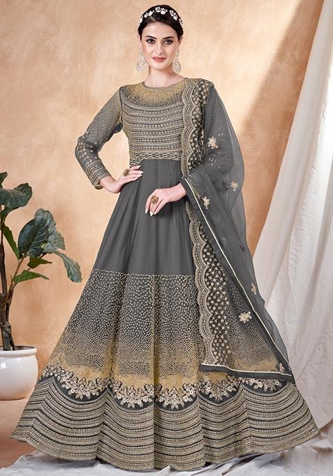 Grey Embroidered Net Anarkali Gown Set