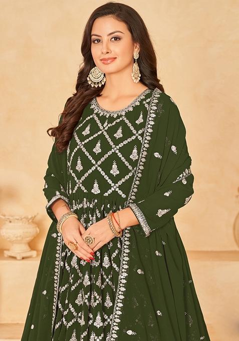 Muslin Satin Georgette Mehendi Anarkali Suit Pant Bottom main image 1