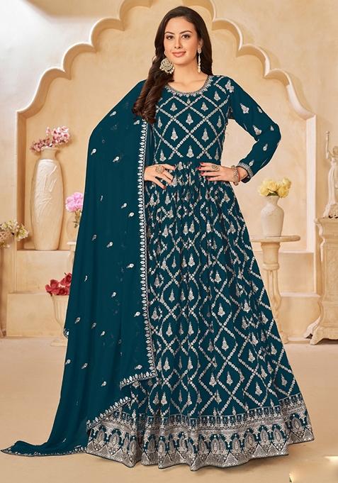 Aqua Blue Embroidered Georgette Anarkali Gown Set