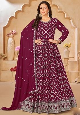Wine Embroidered Georgette Anarkali Gown Set