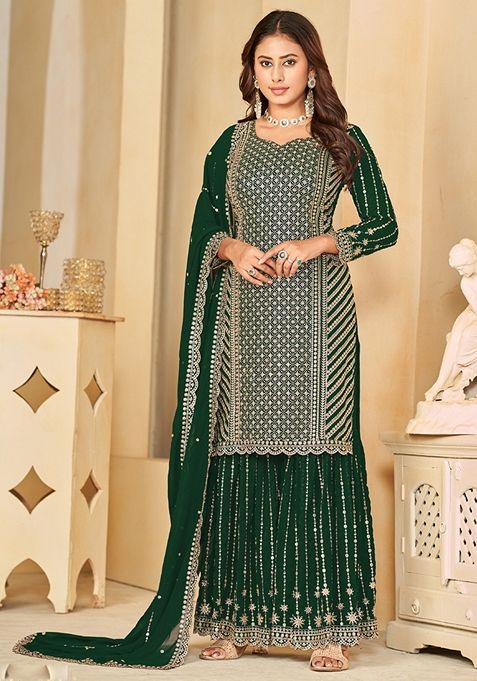 Green Embroidered Georgette Kurta Set