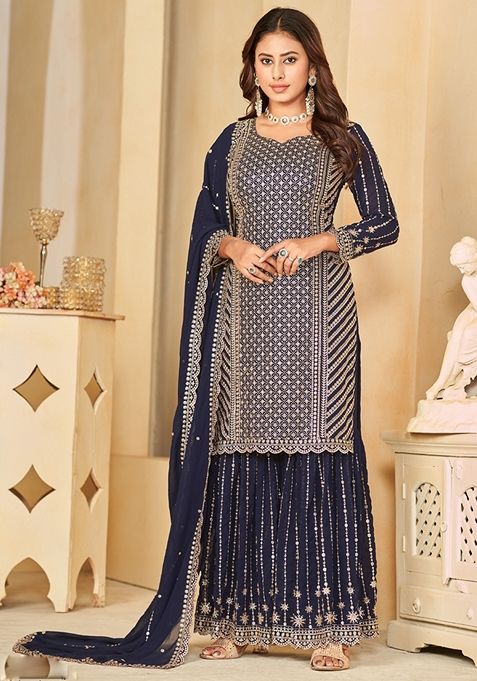 Navy Blue Embroidered Georgette Kurta Set