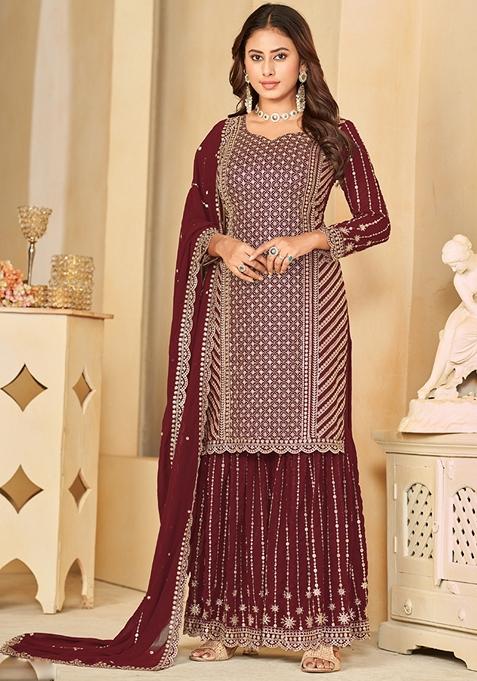 Maroon Embroidered Georgette Kurta Set