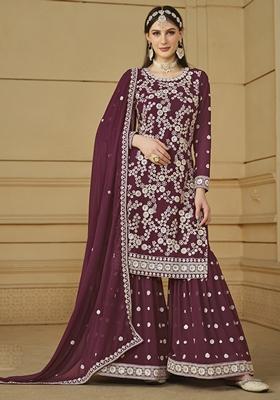 Wine Embroidered Georgette Kurta Set