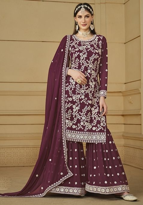 Wine Embroidered Georgette Kurta Set