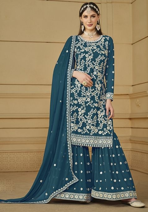 Aqua Blue Embroidered Georgette Kurta Set