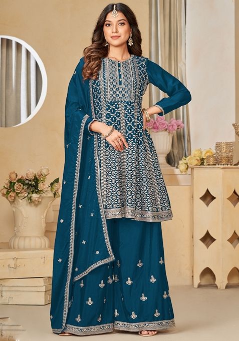 Blue Embroidered Silk Kurta Set