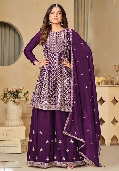 Purple Embroidered Silk Kurta Set