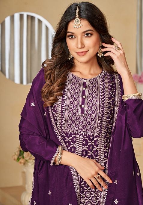 Buy Women Purple Embroidered Silk Kurta Set - XKS01575 - Salwar Kameez ...