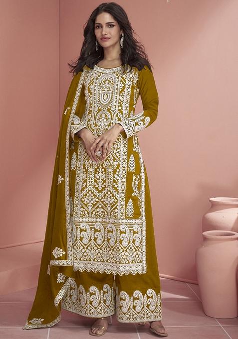 Mustard Embroidered Georgette Kurta Set