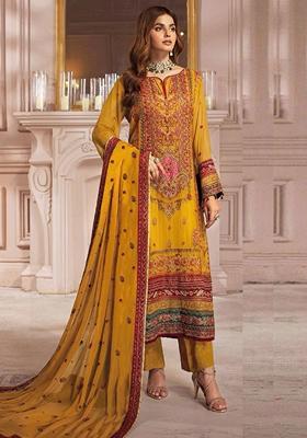 Yellow Embroidered Georgette Kurta Set