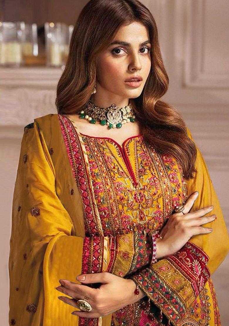 Yellow Embroidered Georgette Kurta Set